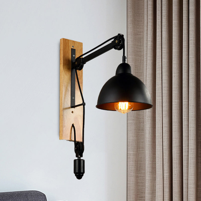 Industrial Metal Domed Wall Sconce Light With Wood Backplate And Pulley