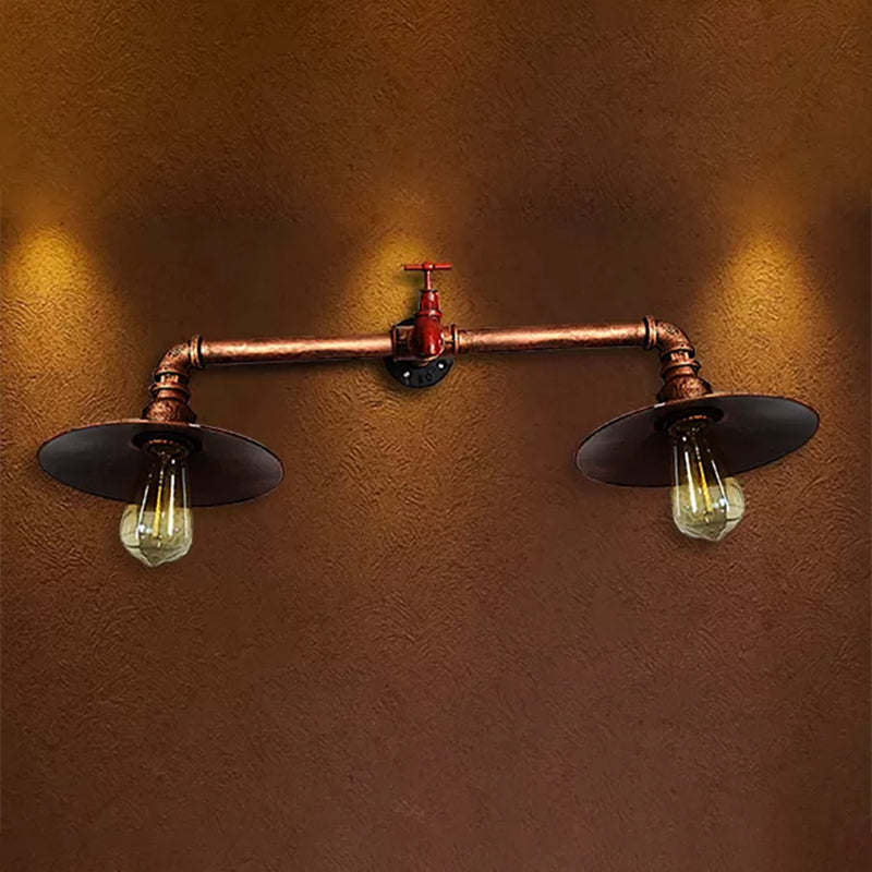 Industrial Dark Rust Metallic Sconce Wall Light With Water Tap - 2 Bulbs Flat Shade Perfect For