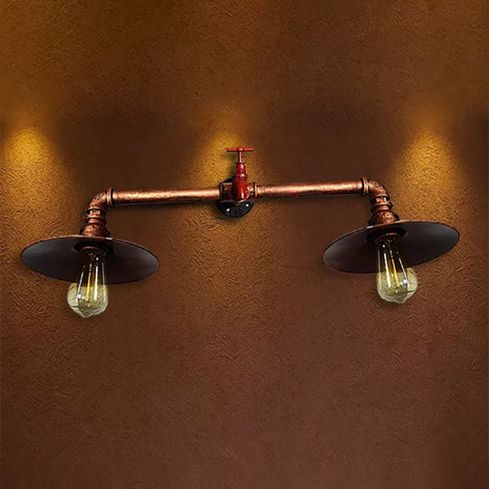 Industrial Dark Rust Metallic Sconce Wall Light With Water Tap - 2 Bulbs Flat Shade Perfect For