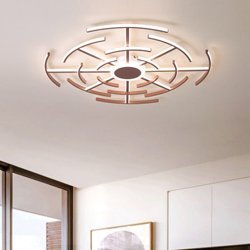 Contemporary Metal Round Flushmount Light with Maze Design - Brown