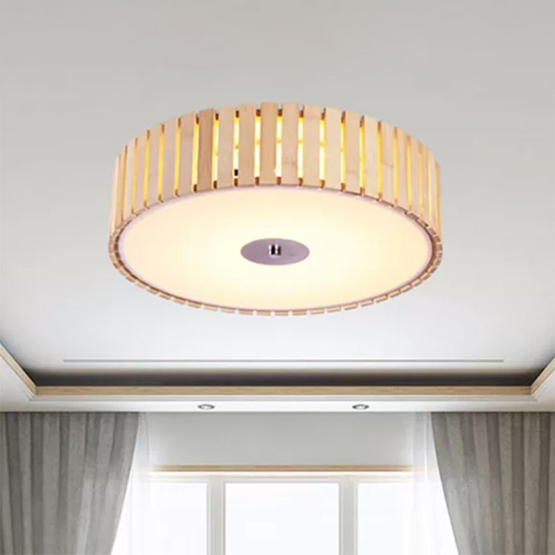 Modern Bamboo Flush Mount Led Ceiling Light 15/19 W Beige Drum Shade Fixture For Living Room