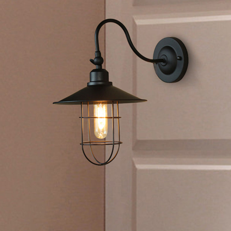 Metal Black Wall Lamp With Flared Shade: Nautical Style 1-Head Lighting For Hallway