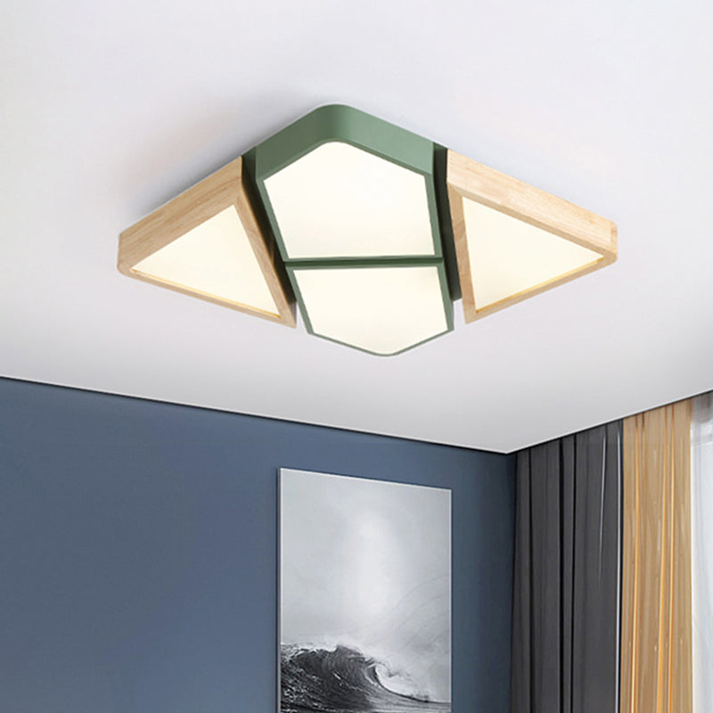 Nordic Wood And Metal Led Square Ceiling Mount Light In Gray/White/Green With Warm/White/Neutral