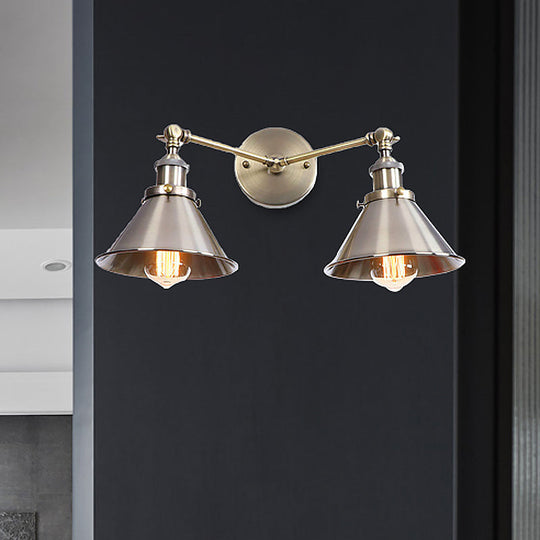 Industrial Vintage 2-Head Farmhouse Wall Mount Light In Black/Brass - Tapered Shade Iron Fixture