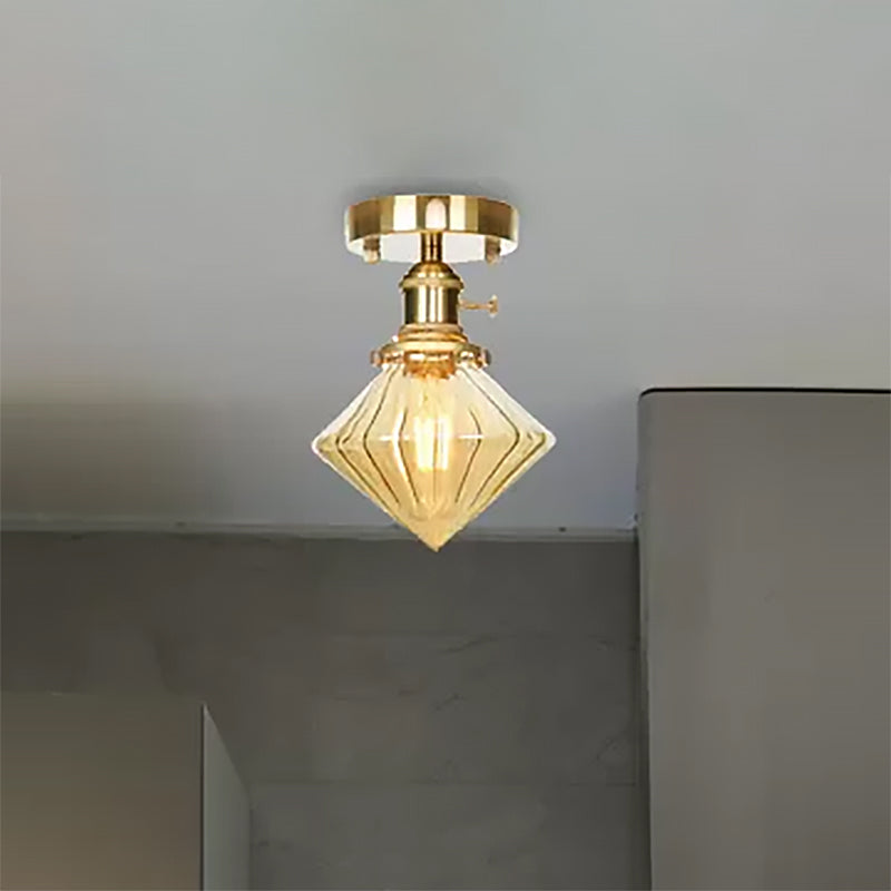 Industrially Styled Gem Shade Semi Flush Light for Living Rooms with Prismatic Glass and Clear/Amber Lamping