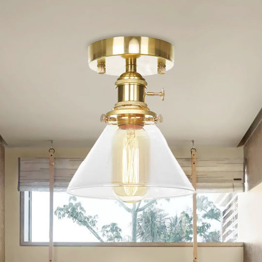 Industrial Brass Semi-Flush Light with Clear/Amber Glass for Living Room - One Light Cone Fixture