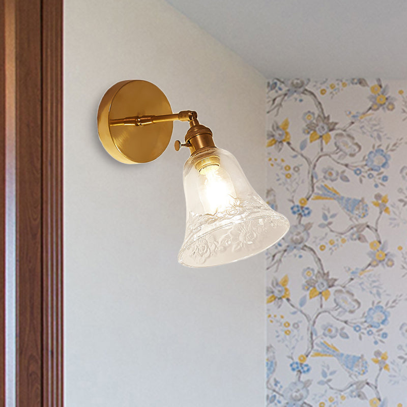 Rustic Brass Bell Wall Sconce: Clear Glass Bedroom Lighting Fixture With Flower Detail