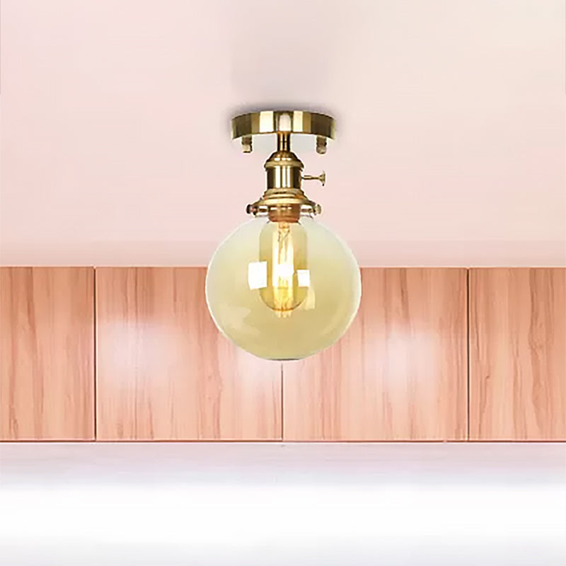 Farmhouse Brass Semi Flush Ceiling Light With Clear/Amber Glass Globe For Dining Room - One Bulb