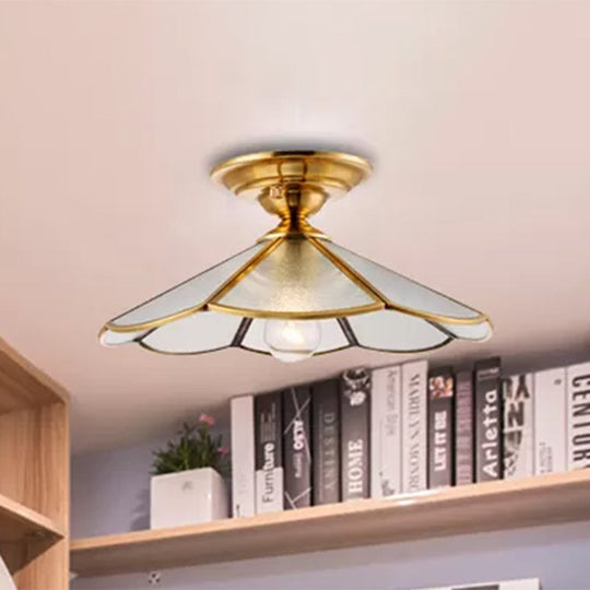 Industrial Brass Hammered Glass Semi Flush Ceiling Mount Light with Cone/Wide Flare Shade