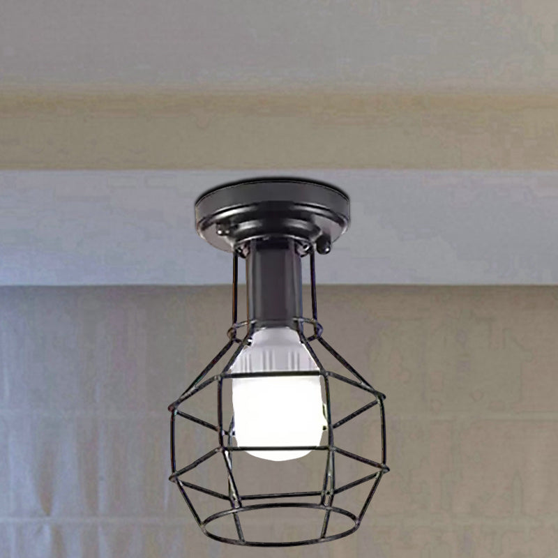 Mini Caged Ceiling Mounted Industrial Black Metal Light Fixture for Corridor