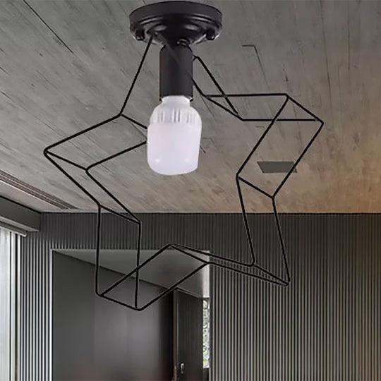 Industrial Metal Open Cage Ceiling Light with Star Shade - 1 Light, Black Semi-Flush Fixture for Bedroom