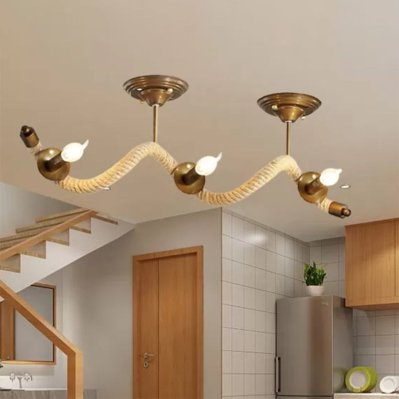 3-Head Wavy Rope Semi-Mount Ceiling Light Fixture - Vintage Brass Finish with Metallic Shine