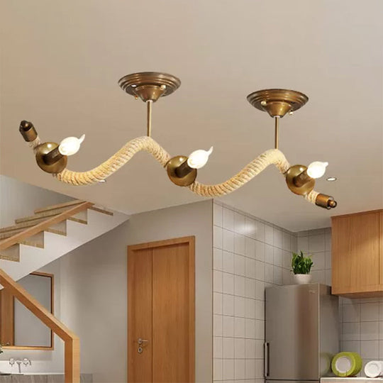 3-Head Wavy Rope Semi-Mount Ceiling Light Fixture - Vintage Brass Finish With Metallic Shine