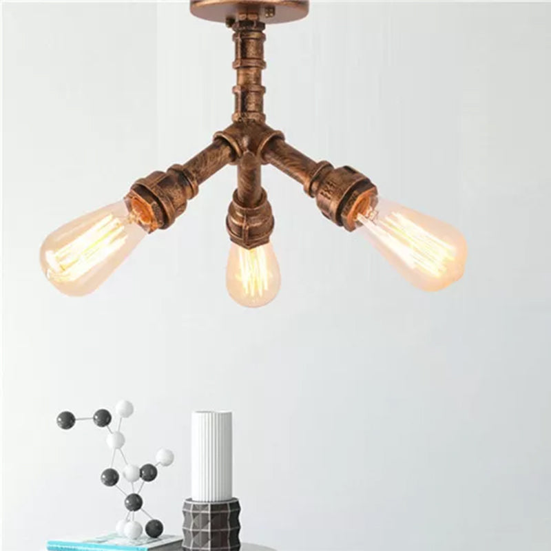 Steampunk 3-Light Semi Flush Ceiling Fixture with Metallic Pipe Shade in Aged Bronze for Living Room