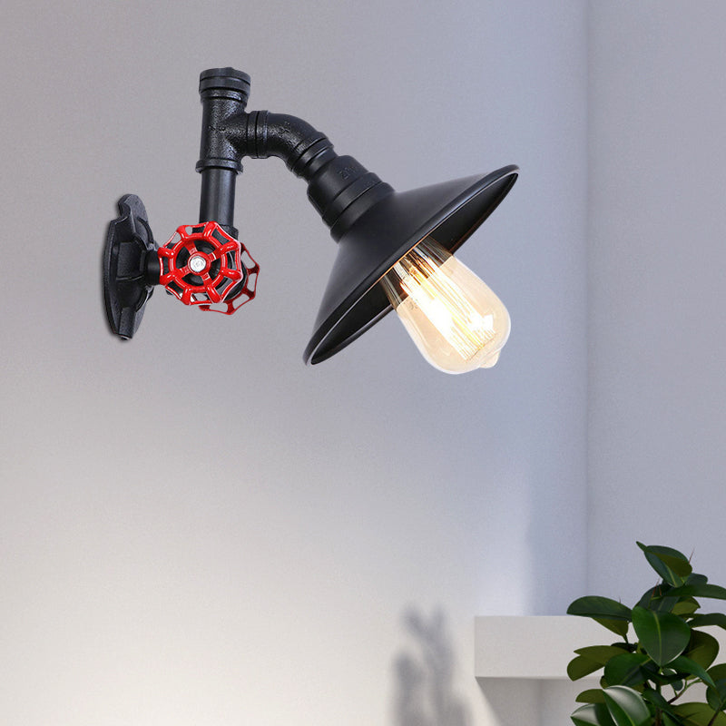 Industrial Rustic Wall Lamp With Black Iron Finish Plumbing Pipe Design Flat Shade And Red Valve