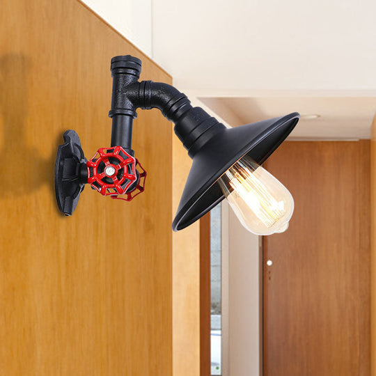 Industrial Rustic Wall Lamp With Black Iron Finish Plumbing Pipe Design Flat Shade And Red Valve