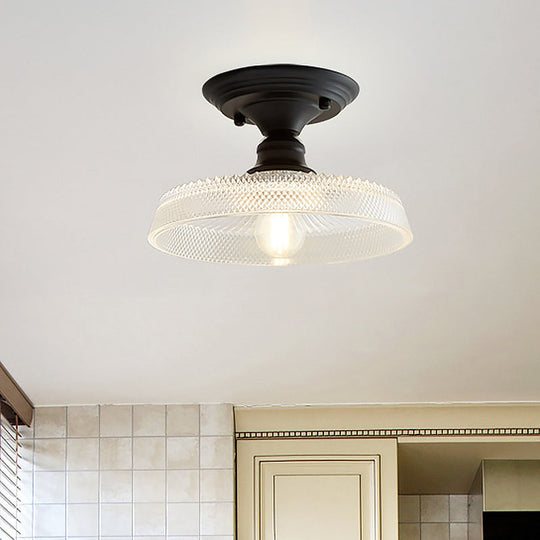 Vintage Textured Glass Semi Flush Ceiling Lighting in Clear for Living Room - One Light Barn/Dome/Wavy Design