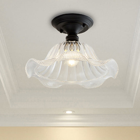 Vintage Textured Glass Semi Flush Ceiling Lighting in Clear for Living Room - One Light Barn/Dome/Wavy Design