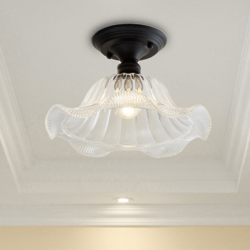 Vintage Textured Glass Semi Flush Ceiling Lighting In Clear For Living Room - One Light