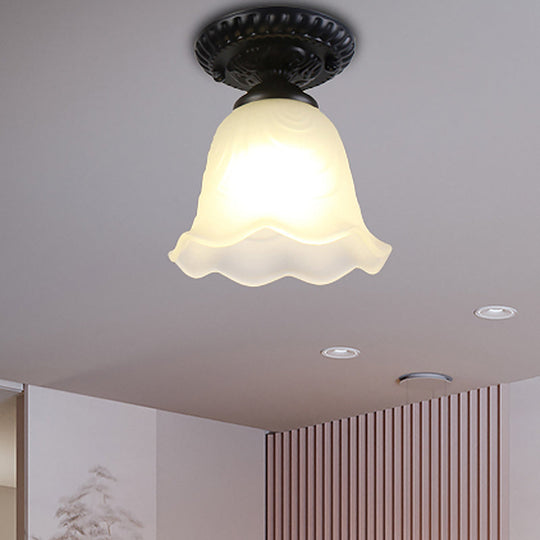 Industrial Black Semi Flush Ceiling Light with Milky Glass Shade – Perfect for Gallery