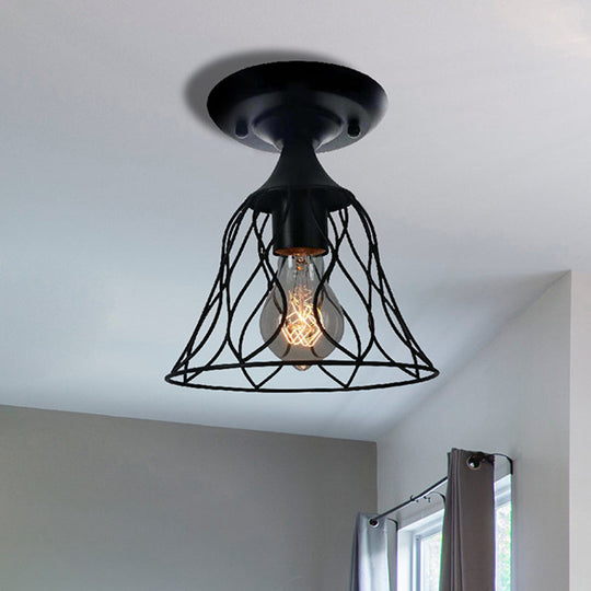 Semi Flush Pendant Light with Antique Bell Cage Shade – Metallic Finish, Ideal for Bedroom Ceiling Lighting