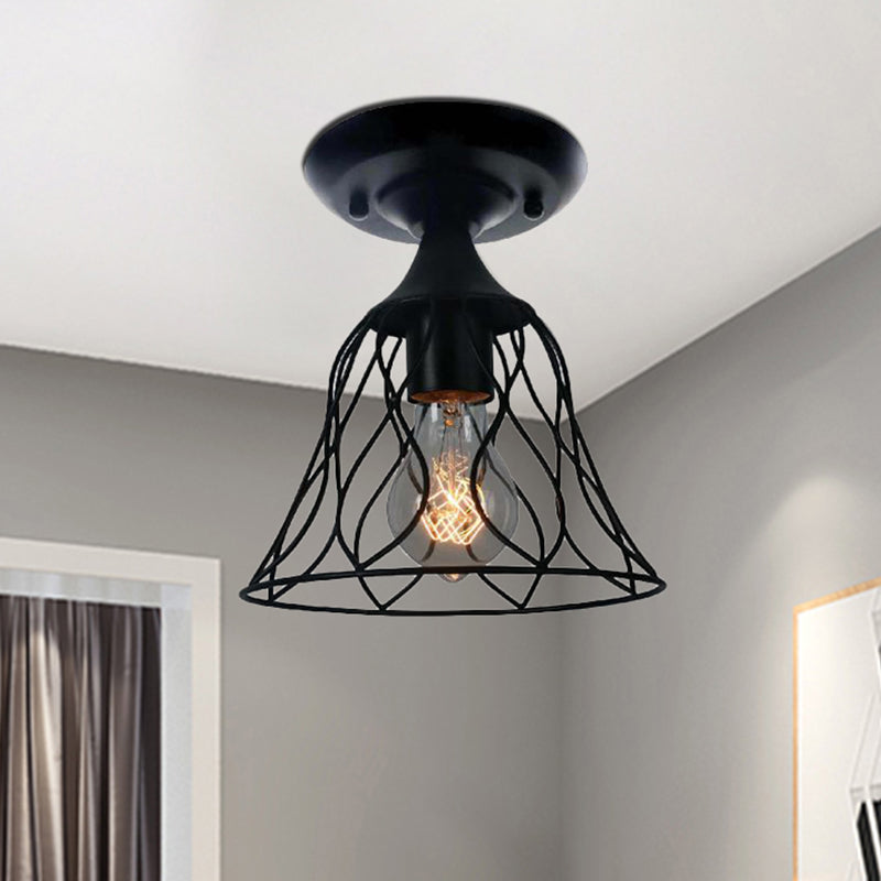 Semi Flush Pendant Light with Antique Bell Cage Shade – Metallic Finish, Ideal for Bedroom Ceiling Lighting