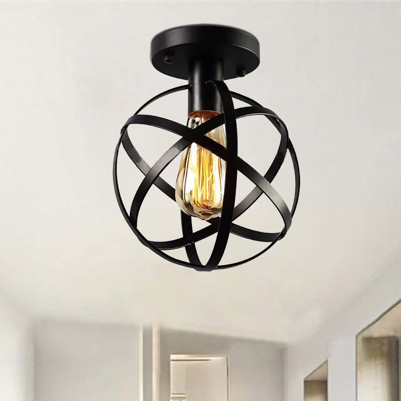 Industrial Black Metal Semi Flush Cage Shade Ceiling Lamp