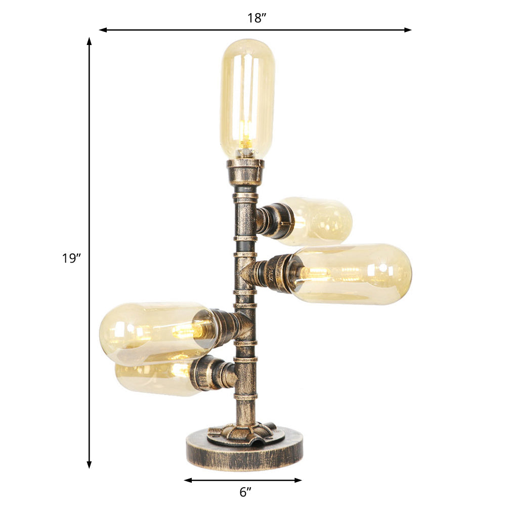 Industrial Study Room Task Lighting: 5-Light Table Light With Clear/Amber Glass Shade Base Included