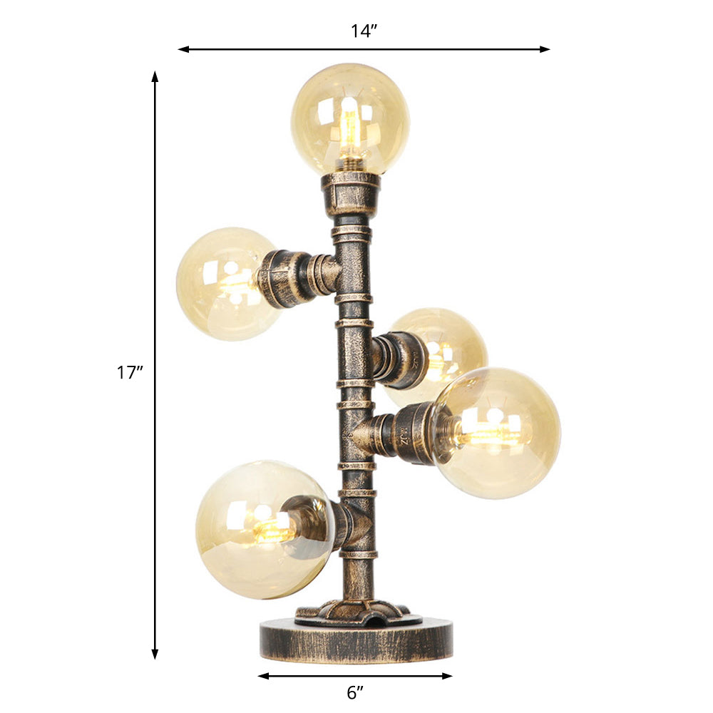 Industrial Study Room Task Lighting: 5-Light Table Light With Clear/Amber Glass Shade Base Included