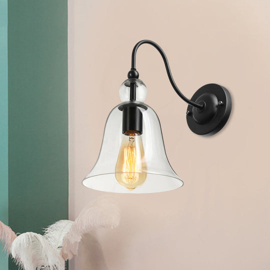 Industrial Clear/Green/Smoked Glass Wall Sconce With Gooseneck Arm - 1-Light Black Bell Bedroom Lamp