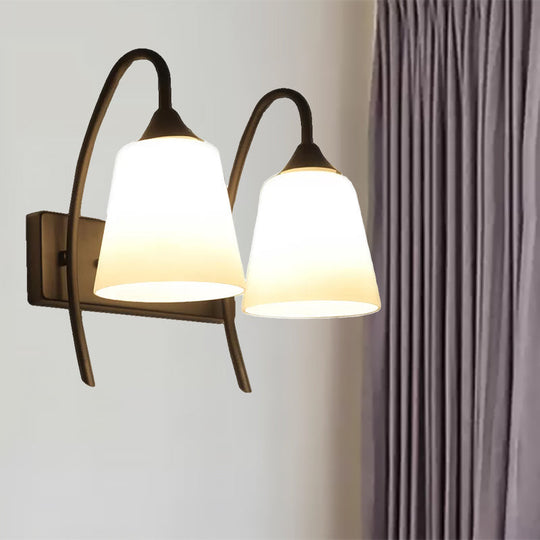 Industrial Black Tapered Wall Lamp With Frosted Glass Sconce - 2-Bulb Light Fixture For Bedroom