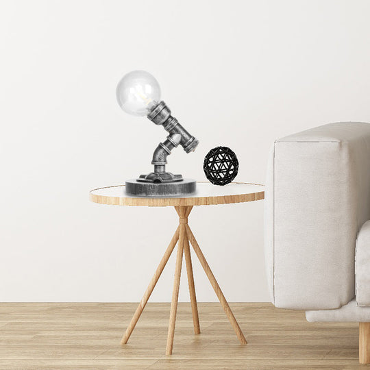 Industrial Single Bulb Desk Lamp - Globe Clear/Amber Glass Antique Silver Finish Living Room Task