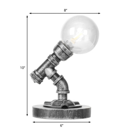 Industrial Single Bulb Desk Lamp - Globe Clear/Amber Glass Antique Silver Finish Living Room Task