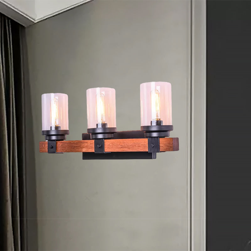 Cylinder Shade Clear Glass Wall Sconce: 3-Bulb Brown Fixture For Traditional Living Rooms