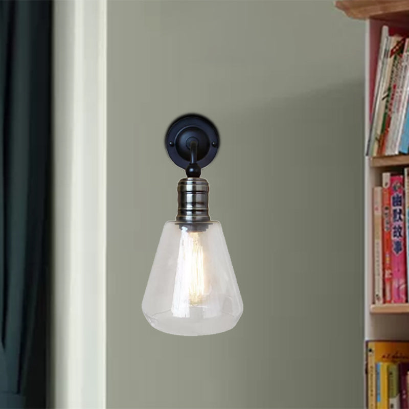 Rustic Single Bulb Clear Glass Wall Sconce Light In Black - Tapered Shade Design For Kitchen Decor