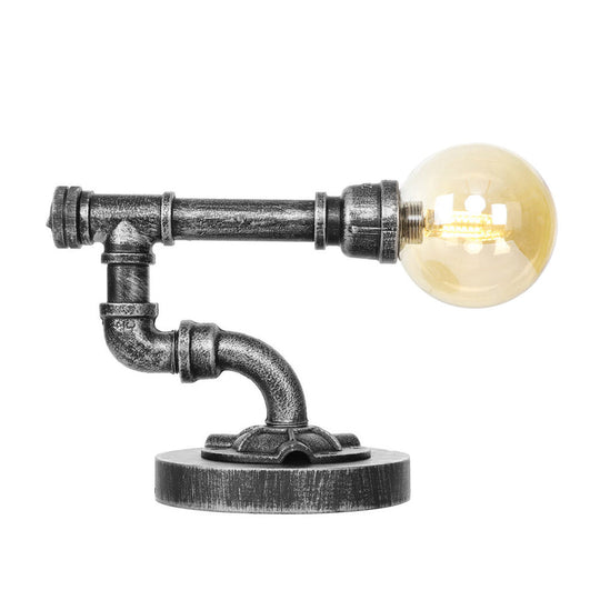 Industrial Antique Silver Bedroom Reading Lamp With Single Light Globe Shade And Clear/Amber Glass -