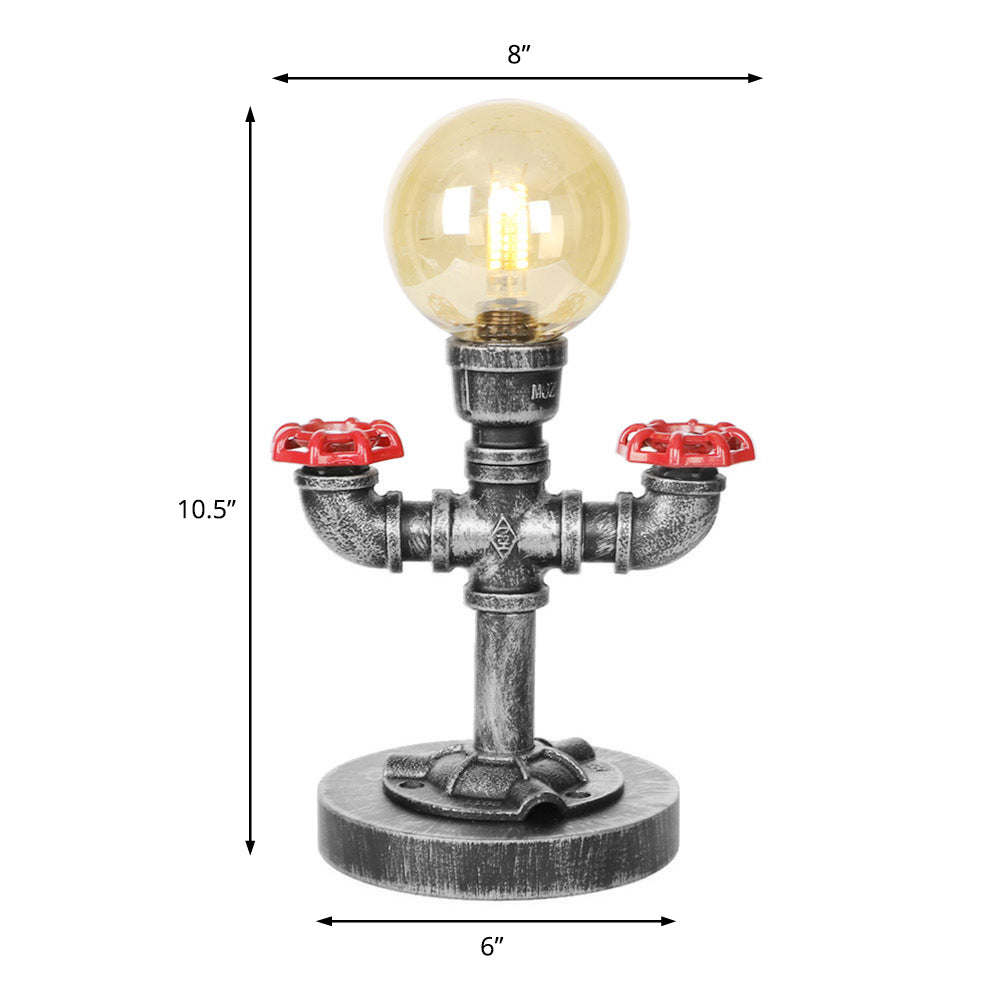 Industrial Antique Silver Bedroom Reading Lamp With Single Light Globe Shade And Clear/Amber Glass -