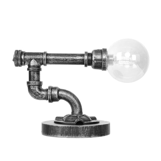 Industrial Antique Silver Bedroom Reading Lamp With Single Light Globe Shade And Clear/Amber Glass -