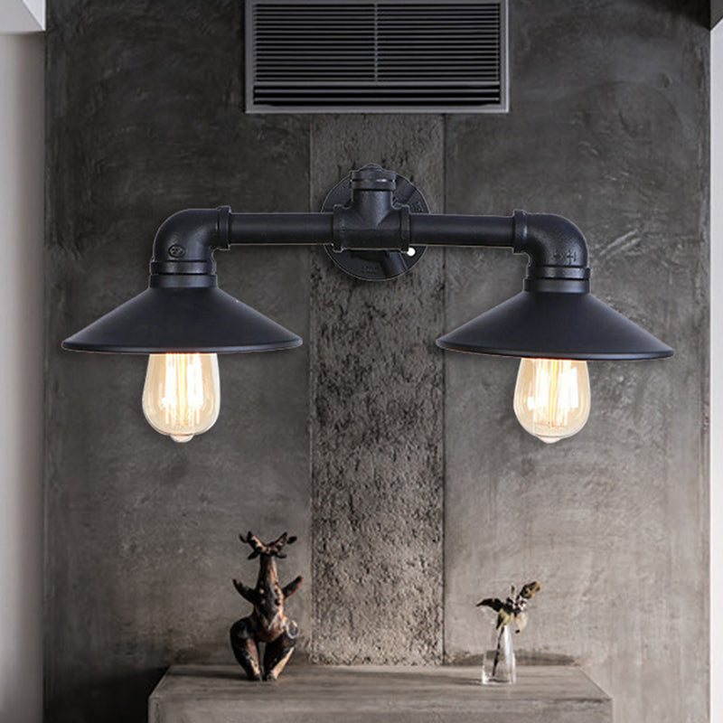 Industrial Metal Flared Shade Wall Lamp - Black 2-Bulb Sconce Lighting For Dining Room With Pipe