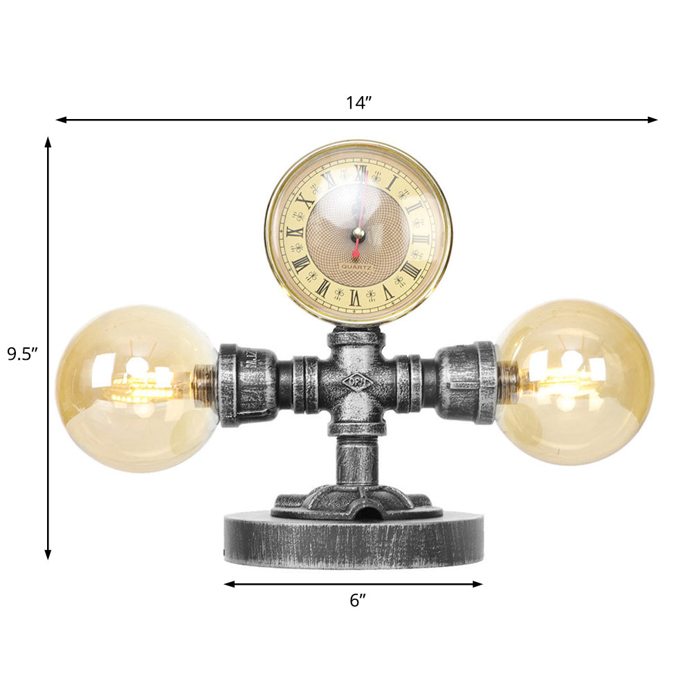 Antique Silver Round Shade Table Lamp With Clear/Amber Glass - Industrial Style 2 Lights And Sturdy