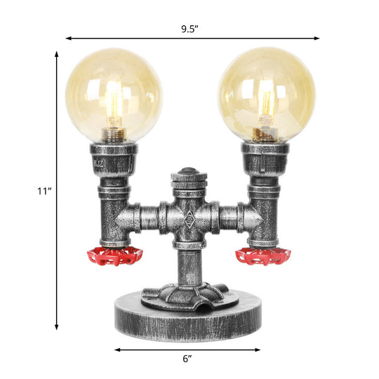 Antique Silver Round Shade Table Lamp With Clear/Amber Glass - Industrial Style 2 Lights And Sturdy