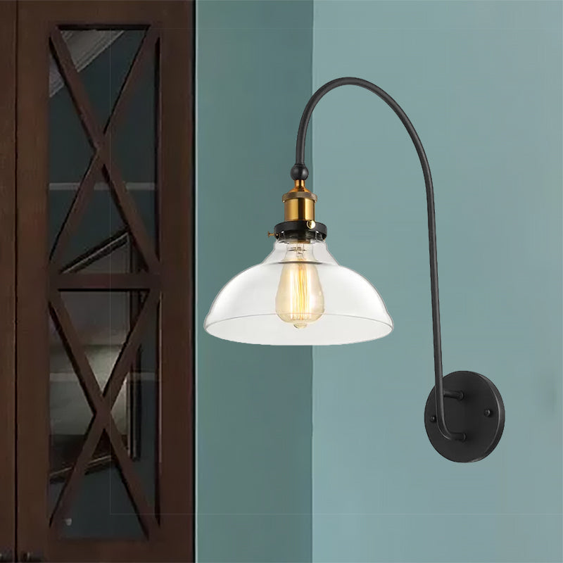 Industrial Antique Brass Barn Wall Light Fixture With Clear Glass And Gooseneck Arm