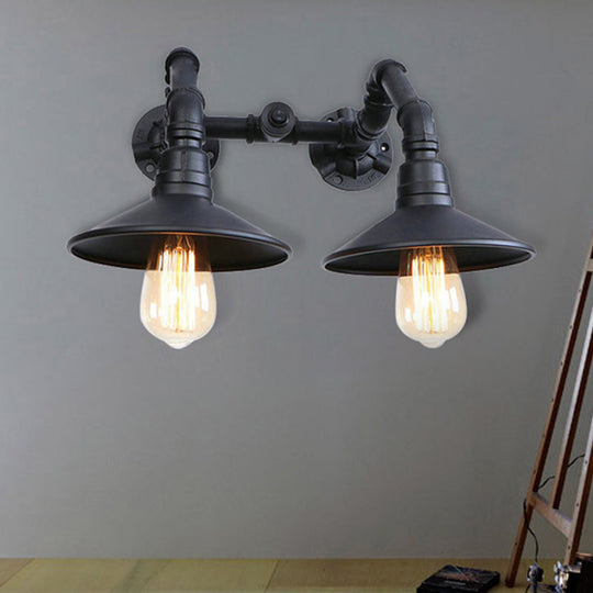 Industrial Black Saucer Wall Sconce - 2 Light Indoor Mount With Water Pipe Warehouse Style