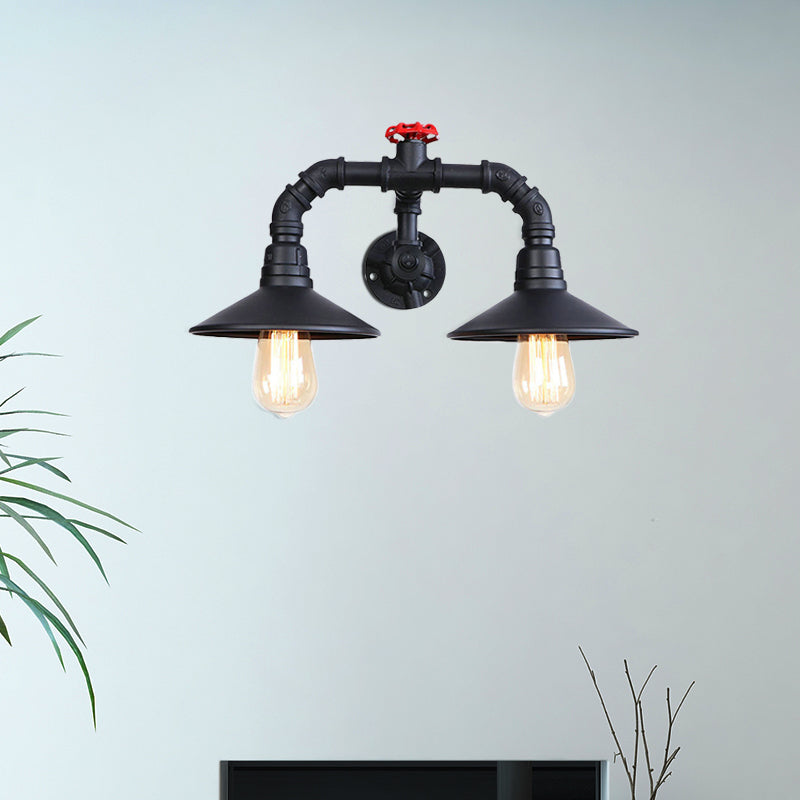 Industrial Black Plumbing Pipe Wall Sconce With Red Valve: Rustic Metallic Stairway Lighting