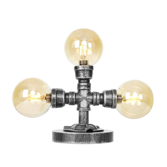 Industrial Antique Silver Globe Desk Lamp With Clear/Amber Glass Shades - 3/5-Light Living Room Task