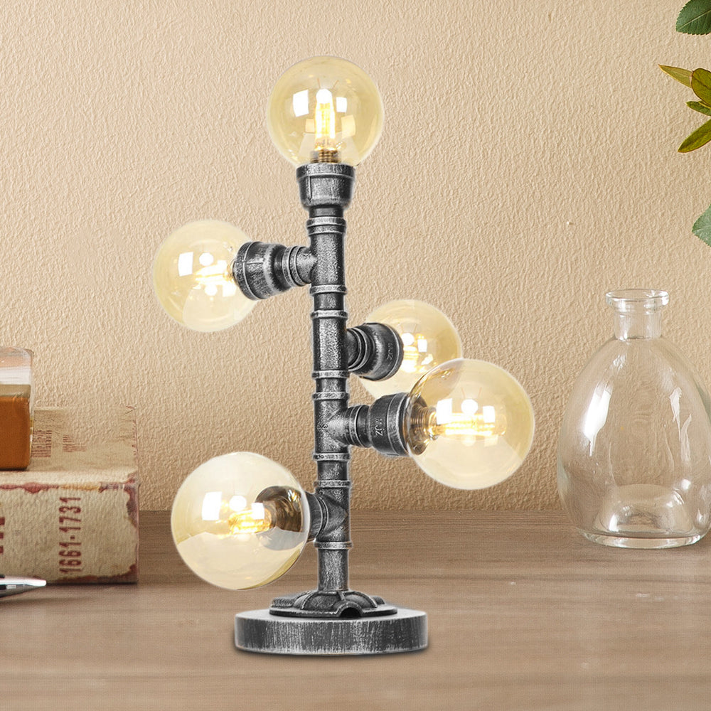 Industrial Antique Silver Globe Desk Lamp With Clear/Amber Glass Shades - 3/5-Light Living Room Task