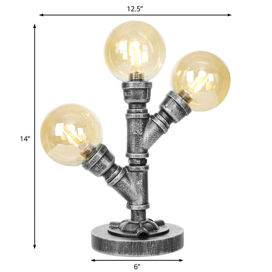 Industrial Antique Silver Globe Desk Lamp With Clear/Amber Glass Shades - 3/5-Light Living Room Task