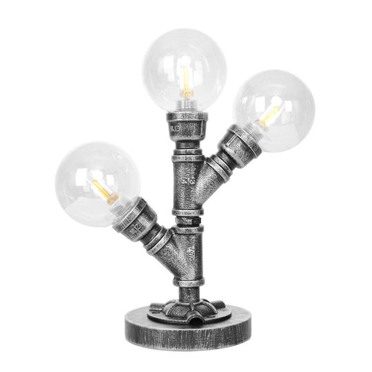 Industrial Antique Silver Globe Desk Lamp With Clear/Amber Glass Shades - 3/5-Light Living Room Task