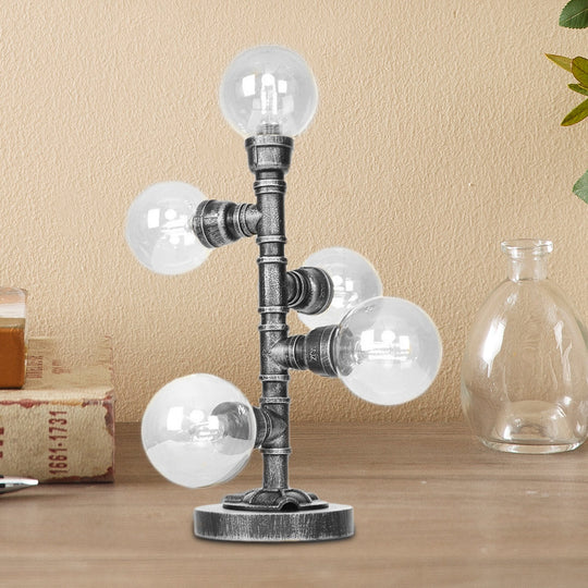 Industrial Antique Silver Globe Desk Lamp With Clear/Amber Glass Shades - 3/5-Light Living Room Task