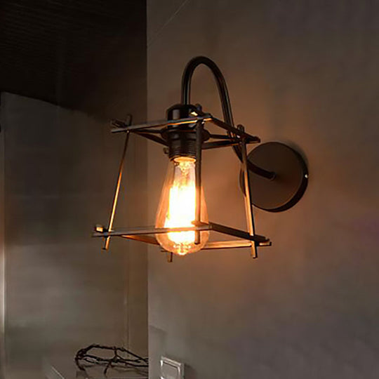 Vintage Industrial Metal Cage Wall Sconce - Square/Diamond Design Black Finish